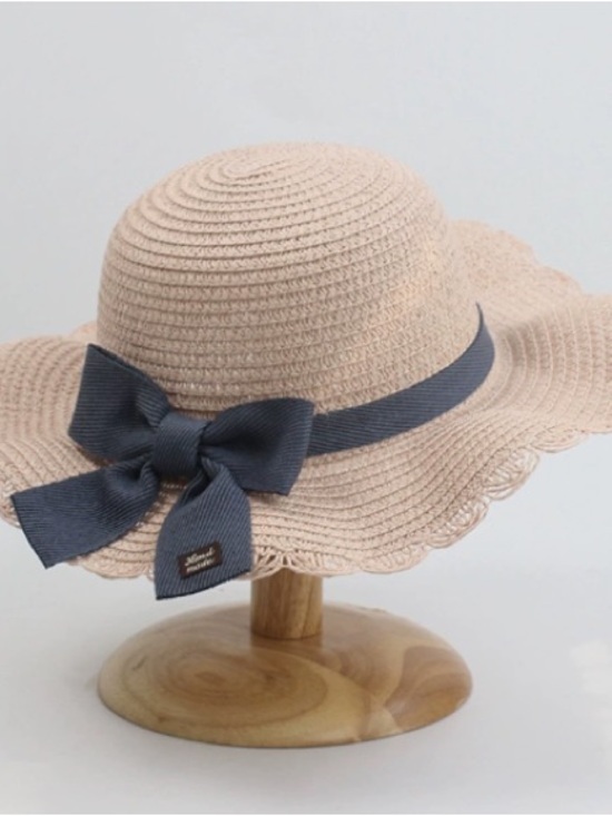 Other - Beige Straw Sun Hat with Navy Bow